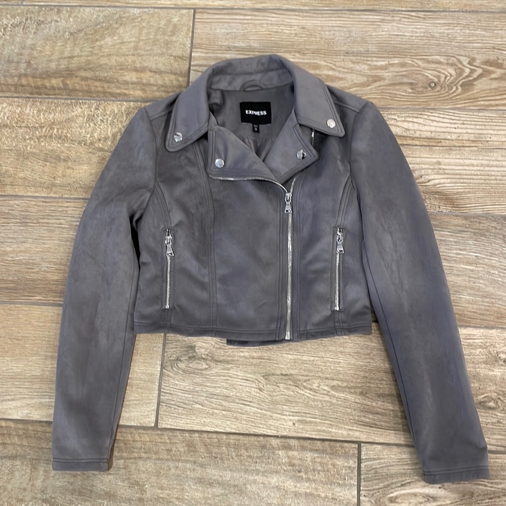 Medium gray, faux suede moto jacket